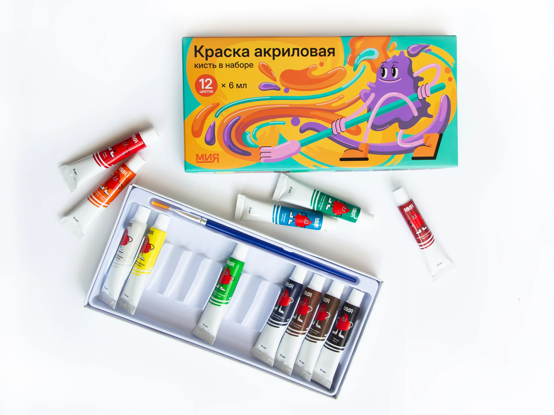 Набор акриловых красок в тюбиках 12 цветов, 6 мл, кисть в комплекте